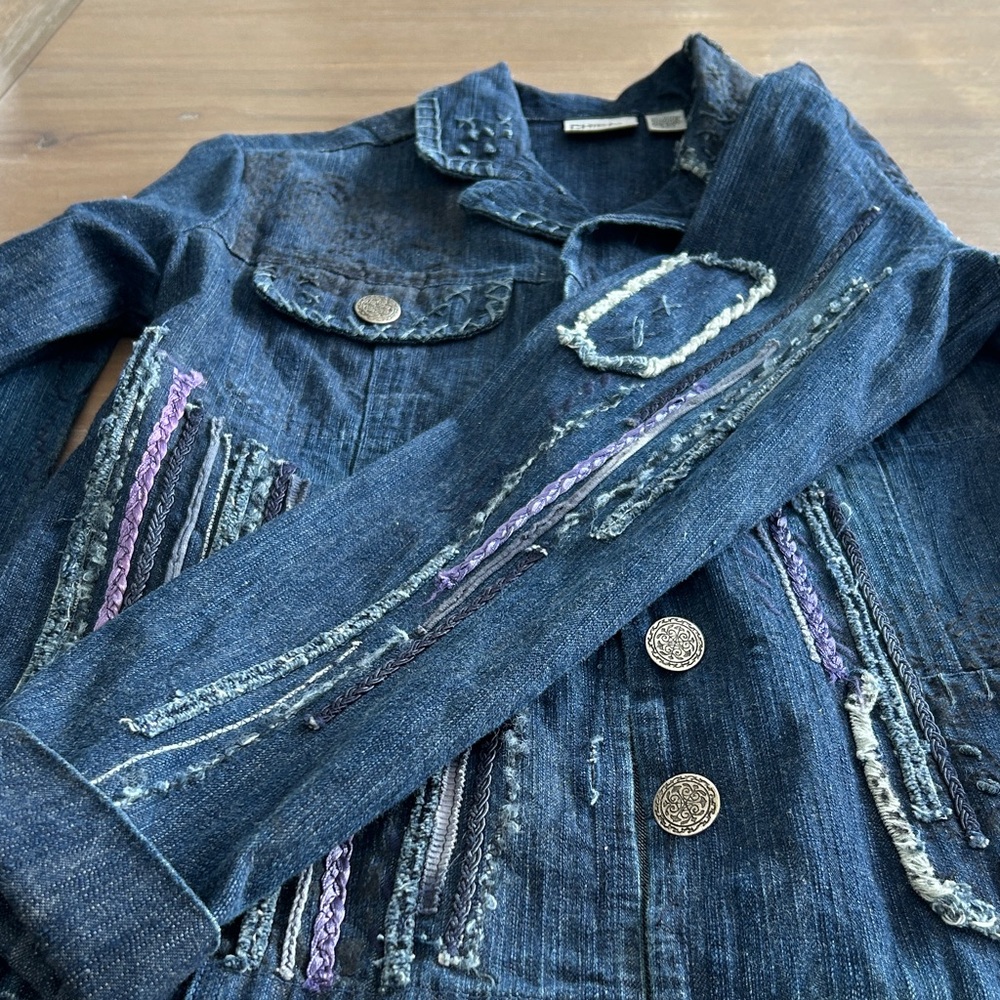 Chico’s Patchwork Embellished Denim Jacket Size 0… - image 2